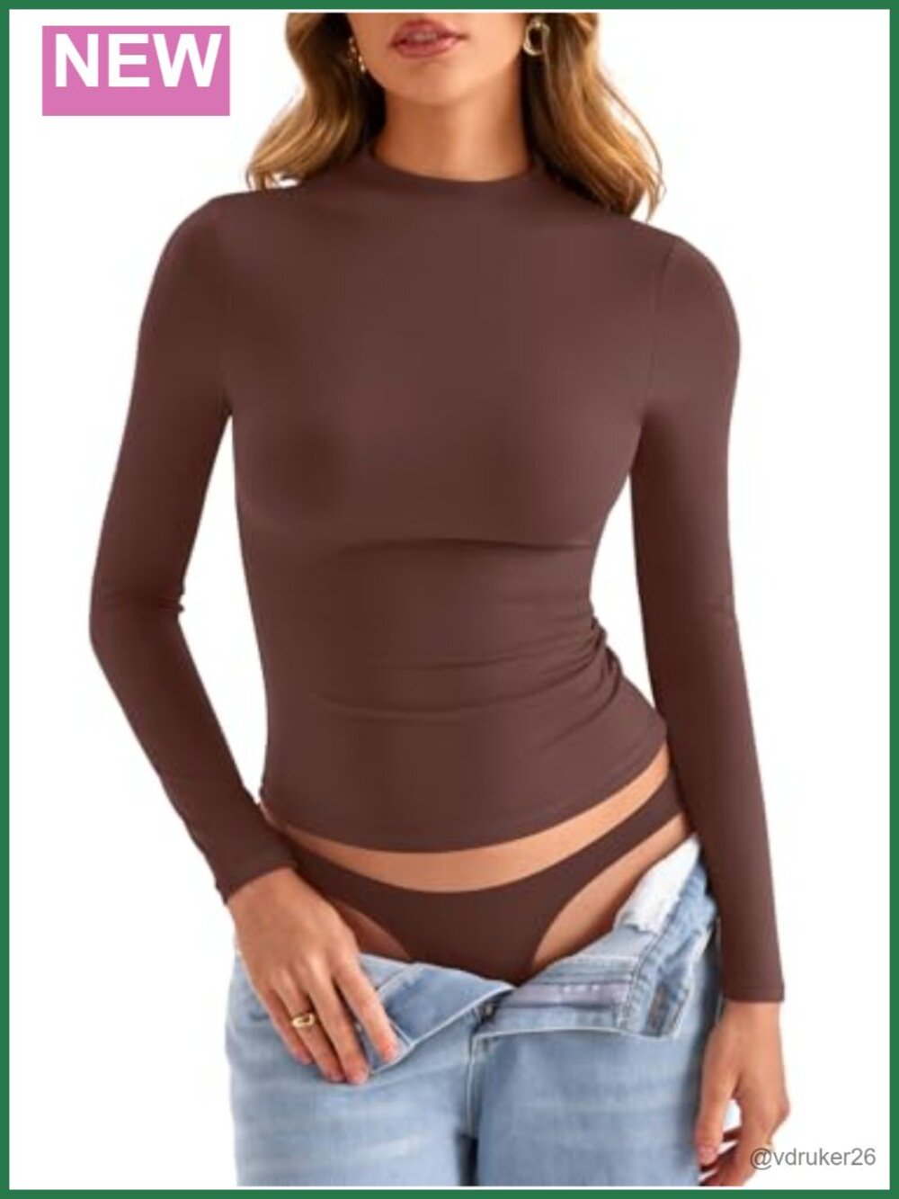 Double Lined Mock Turtle Neck Long Sleeve Fitted Tee